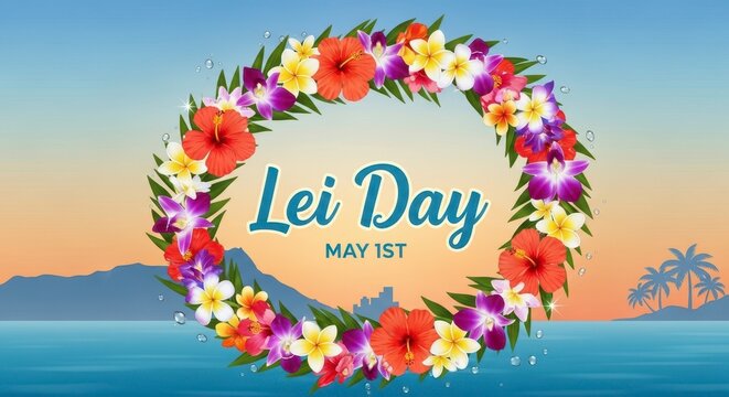 Vibrant floral lei day greeting card with tropical sunset and ocean backdrop