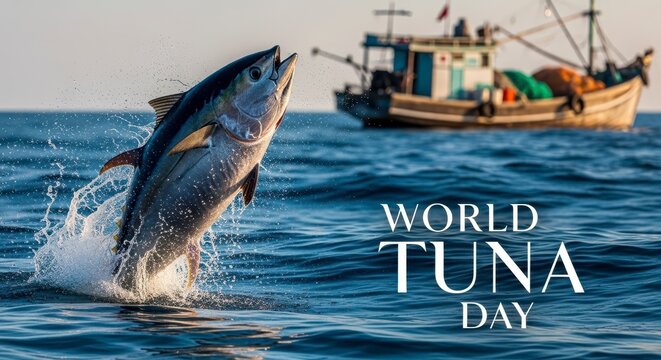 Jumping bluefin tuna fish leaping from ocean on World Tuna Day with fishing boat
