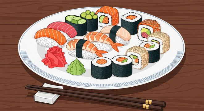 A plate of assorted sushi and maki rolls with chopsticks on a wooden table