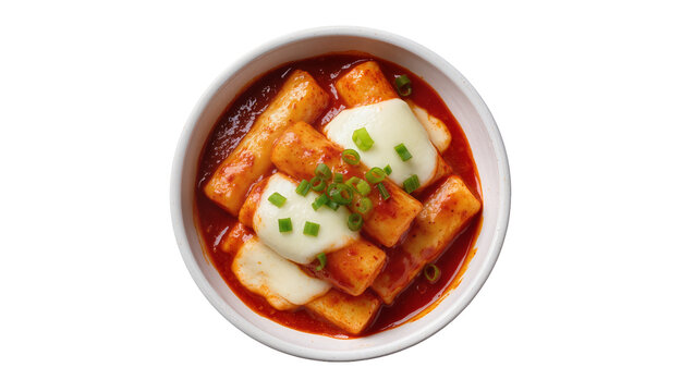 Spicy Korean tteokbokki with melted cheese and green onions, isolated on transparent background