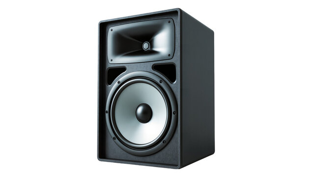 Black textured studio monitor speaker with silver woofer, isolated on transparent background