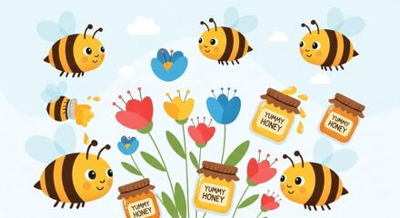 Fototapeta premium Cartoon bees pollinating flowers with honey jars in spring garden illustration