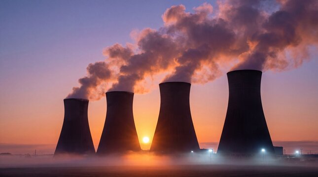Cooling tower array silhouetted at dusk with vapor plumes and ground fog