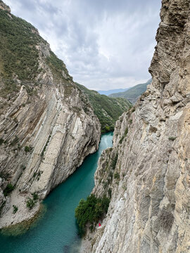 Turquoise River Flowing Through Deep Rocky Canyon, Albania