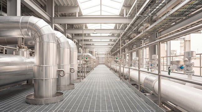 Elevated industrial maintenance walkway and pipeline corridor in sterile condition