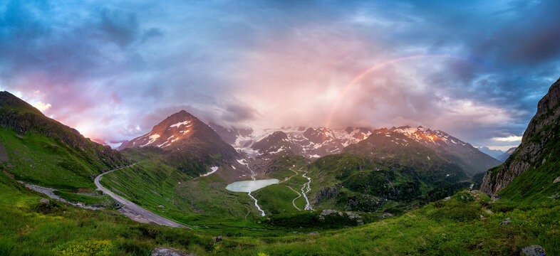 Rainbow Over Sustenpass Valley, Dramatic Summer Sunrise, Swiss Alps