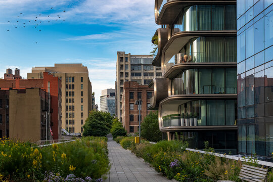 The famous High Line Park linear path in Manhattan, offering elevated views of the mixed architecture of the Chelsea district in New York City