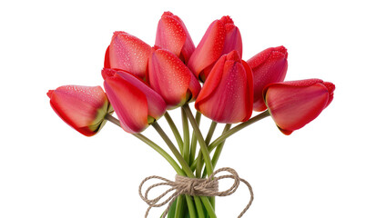Obraz premium Bouquet of red tulips with water droplets tied with twine, isolated on transparent background