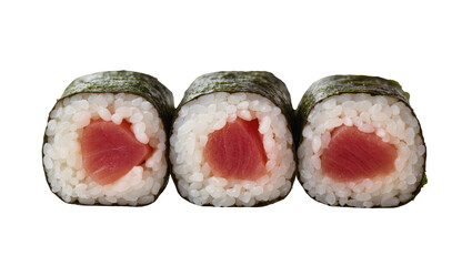 Three fresh tuna sushi rolls with white rice and nori seaweed, isolated on transparent background © Maria