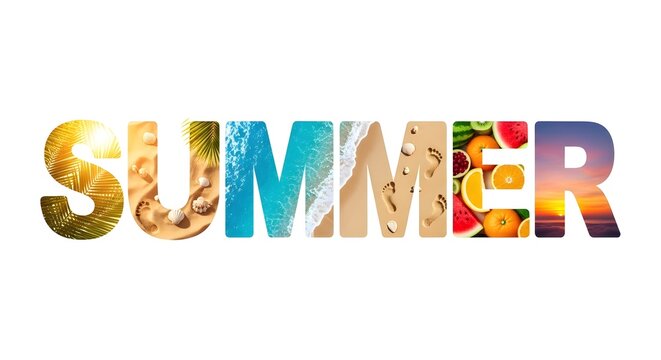 Vibrant summer images fill adobe stock collage with food, drinks, and travel scenes