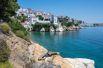 Fototapeta premium The coastal street of Skiathos Town, Sporades, Thessaly, Greece