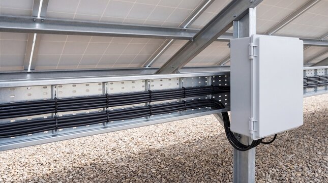 Abstract architectural detail of cable tray and combiner box in a solar farm setting