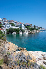 Fototapeta premium The coastal street of Skiathos Town, Sporades, Thessaly, Greece