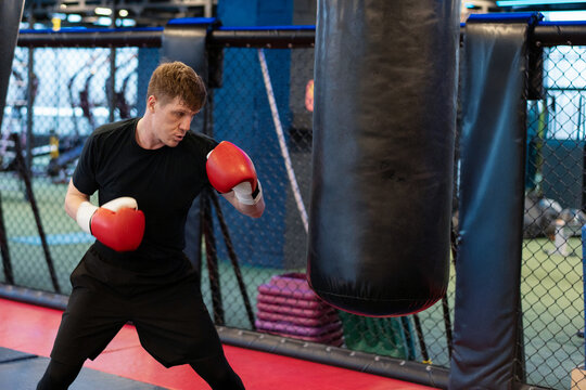 Male Boxer Hitting Heavy Punching Bag During Gym Training