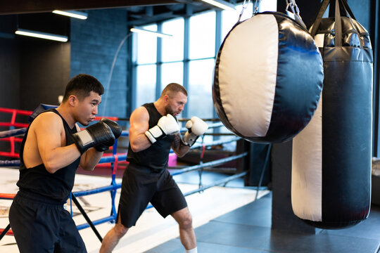 Two Male Boxers Training on Heavy Bags in Modern Gym