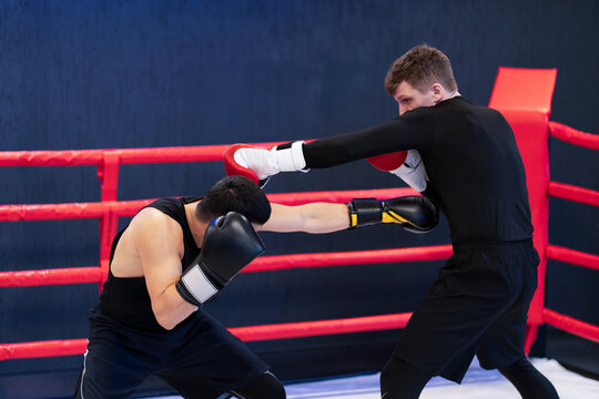 Two Male Boxers Sparring in Boxing Ring During Training