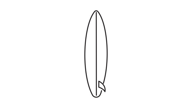 Minimalist black line vector icon of an upright long surfboard with a fin on a white background. This scalable editable stroke vector illustration is perfect for summer, surfing, and beach-themed