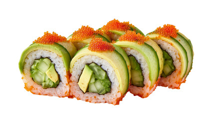 Fresh avocado sushi rolls with cucumber and tobiko roe, isolated on transparent background © Maria