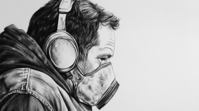 Black and white illustration of a man with headphones and a respirator mask