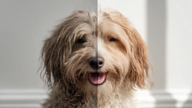 Dog enjoys playtime in sunny room while showing off its fluffy coat and happy face in a charming indoor setting