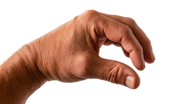 Elderly wrinkled hand gesturing to pick up something small, isolated on transparent background