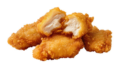 Golden crispy chicken tenders one broken open revealing juicy white meat, isolated on transparent background © Maria