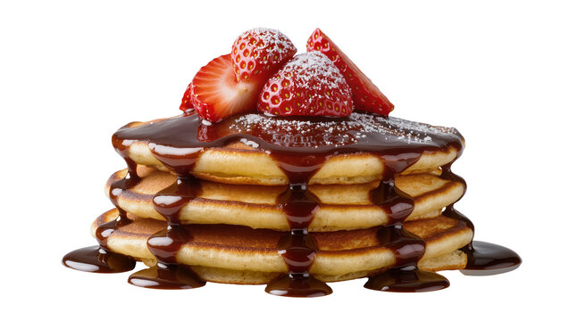 Stack of golden pancakes with chocolate syrup and fresh strawberries, isolated on transparent background