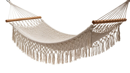 Cream macrame hammock with wooden spreader bars and fringe, isolated on transparent background © Maria