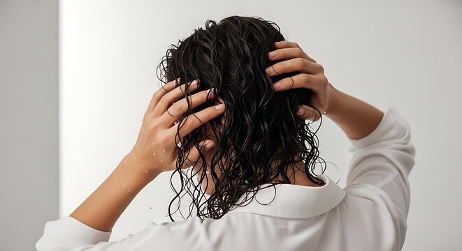 Person holding curly hair with both hands