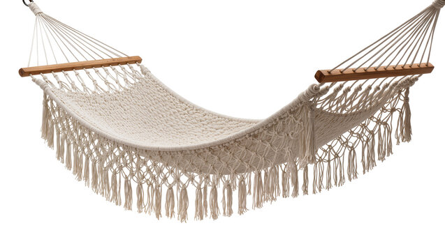 Cream macrame hammock with wooden spreader bars and fringe, isolated on transparent background