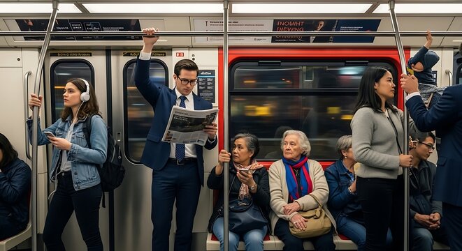 People celebrating on a subway train with raised fist and smiles