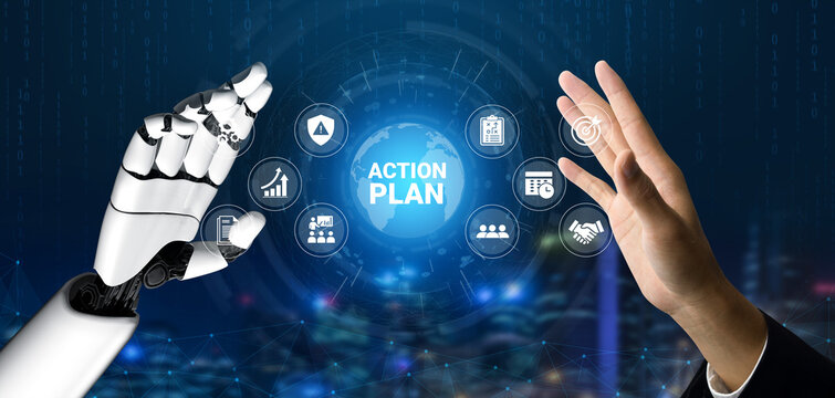 A human hand meets a robotic hand in a digital realm, showcasing an action plan concept. This image symbolizes future collaboration and technological advancement. Ledger
