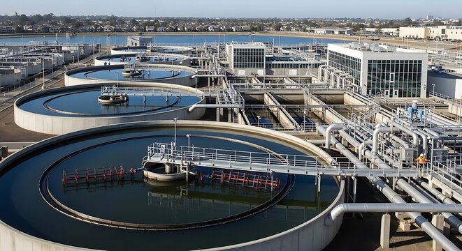 Modern wastewater treatment plant with circular clarifiers and buildings