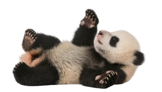 Fluffy baby panda lying on its back, isolated on transparent background