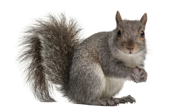 Fluffy grey squirrel holding a nut, isolated on transparent background