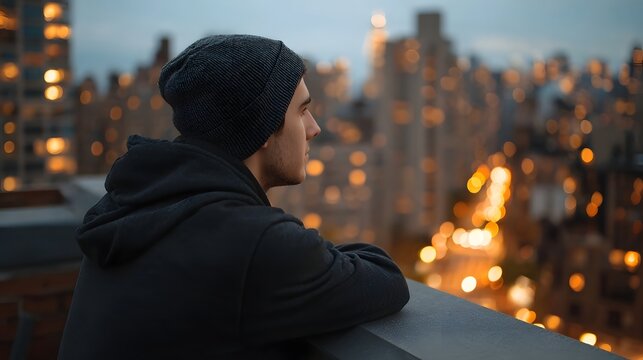 A thoughtful individual standing on a ledge overlooking a sprawling warmly lit cityscape at dusk