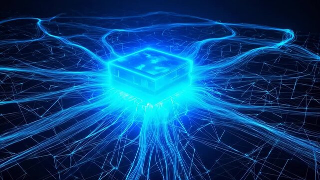 Blue glowing cube in network symbolizing luxury, elegance, and premium quality