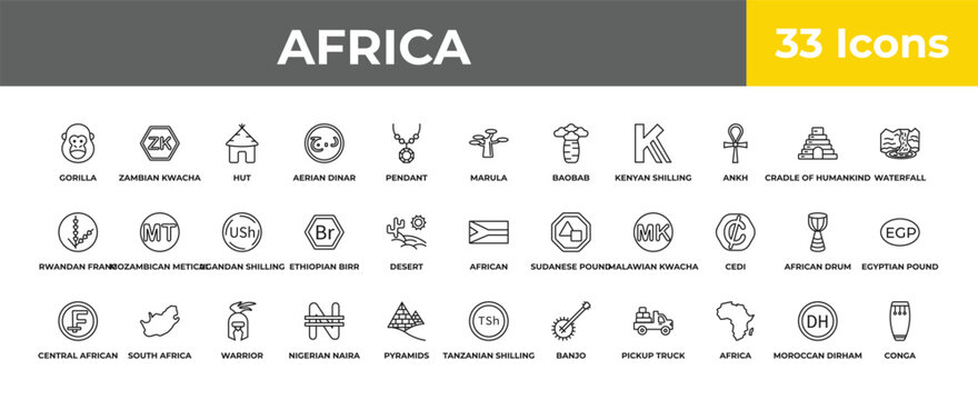 outline africa icons set - ugandan shilling, south africa, conga. editable vector for web and mobile ui