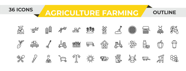 outline agriculture farming icons set - flour mill, lawn, poo. editable vector for web and mobile ui © IconArt