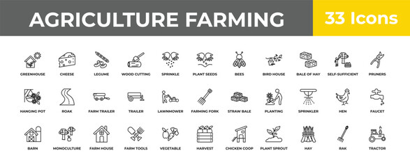 outline agriculture farming icons set - farm trailer, monoculture, tractor. editable vector for web and mobile ui © IconArt