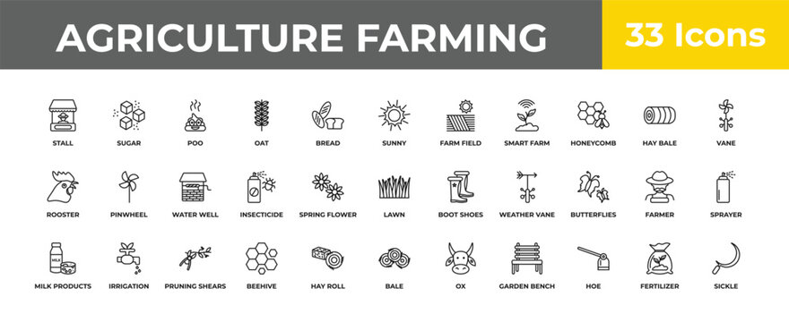 outline agriculture farming icons set - water well, irrigation, sickle. editable vector for web and mobile ui