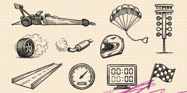 Black ink scribble doodle vector vintage hand drawn illustration of drag racing motorsport. Race car, parachute, starting lights, and speed elements.