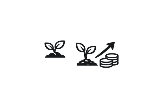 Black line icon of a fertilizer sack with a sprout, a growing plant, an upward arrow, and a stack of coins representing agricultural investment, business growth, and farming profit success.