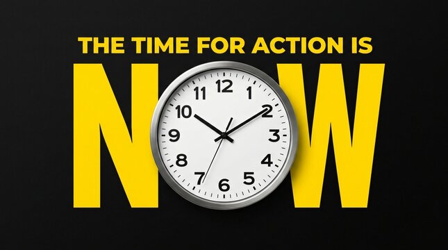 Urgent call to action depicted with a clock inside the word now