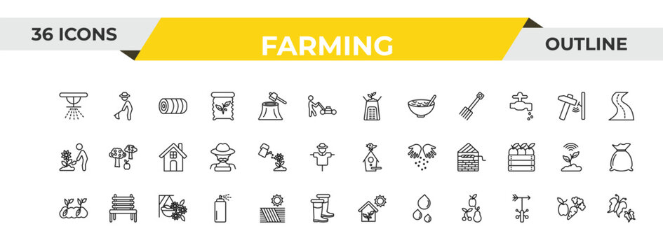 outline farming icons set - composter, watering, hanging pot. editable vector for web and mobile ui
