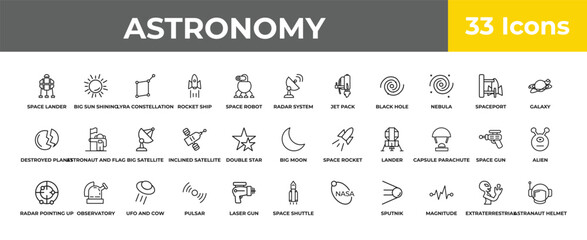 outline astronomy icons set - big satellite, observatory, astranaut helmet. editable vector for web and mobile ui © IconArt