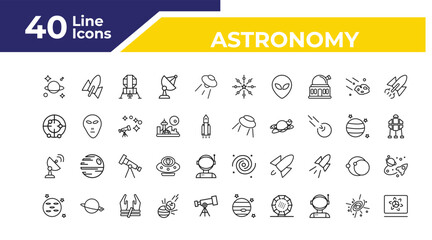 outline astronomy icons set - radar pointing up, radar system, neptune with satellite. editable vector for web and mobile ui © IconArt