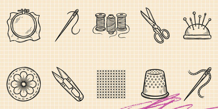 Black ink scribble doodle vector vintage hand drawn illustration of sewing and embroidery craft. Hoop, needle, thread, scissors, and tailor supplies.
