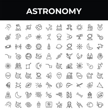 outline astronomy icons set - space collision, milky way, big ufo. editable vector for web and mobile ui