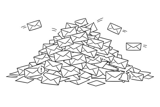Vector line art illustration of a massive pile of mail envelopes with notification icons, symbolizing email overload, communication backlog, busy inbox, and overwhelming message volume.